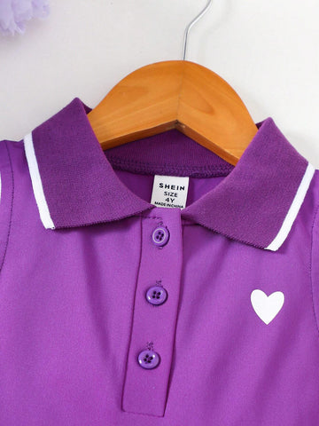 Girls' Heart & Stripe Pattern Polo Collar Sleeveless Dress, School Style, Summer
