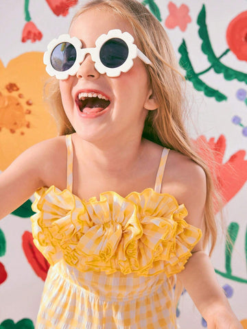 Girls' Holiday Beach Yellow Plaid Picnic Style Wide-Leg Jumpsuit With Dramatic Ruffle Hem And Shoulder Straps, Perfect For Vacation, Outdoor And Leisure