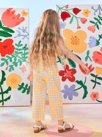 Girls' Holiday Beach Yellow Plaid Picnic Style Wide-Leg Jumpsuit With Dramatic Ruffle Hem And Shoulder Straps, Perfect For Vacation, Outdoor And Leisure