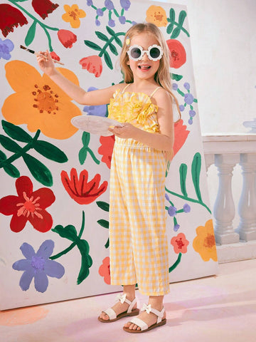 Girls' Holiday Beach Yellow Plaid Picnic Style Wide-Leg Jumpsuit With Dramatic Ruffle Hem And Shoulder Straps, Perfect For Vacation, Outdoor And Leisure