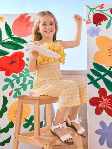 Girls' Holiday Beach Yellow Plaid Picnic Style Wide-Leg Jumpsuit With Dramatic Ruffle Hem And Shoulder Straps, Perfect For Vacation, Outdoor And Leisure
