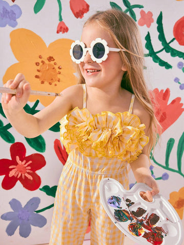 Girls' Holiday Beach Yellow Plaid Picnic Style Wide-Leg Jumpsuit With Dramatic Ruffle Hem And Shoulder Straps, Perfect For Vacation, Outdoor And Leisure