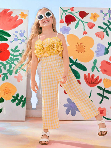 Girls' Holiday Beach Yellow Plaid Picnic Style Wide-Leg Jumpsuit With Dramatic Ruffle Hem And Shoulder Straps, Perfect For Vacation, Outdoor And Leisure