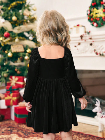 Girls' Knitted Color Block Faux Fur Puff Sleeve Casual Dress