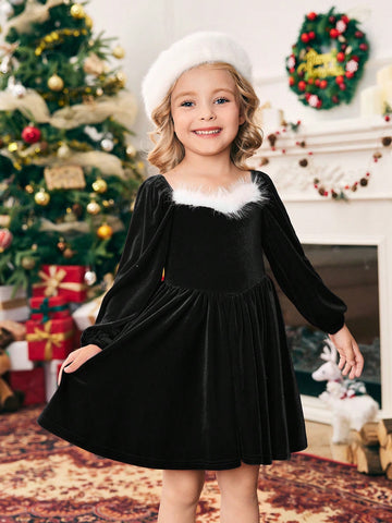 Girls' Knitted Color Block Faux Fur Puff Sleeve Casual Dress