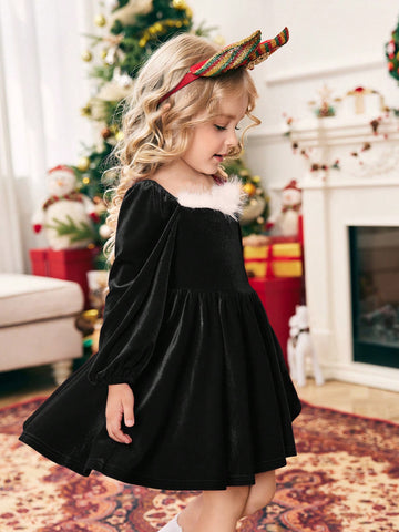 Girls' Knitted Color Block Faux Fur Puff Sleeve Casual Dress