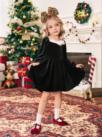 Girls' Knitted Color Block Faux Fur Puff Sleeve Casual Dress