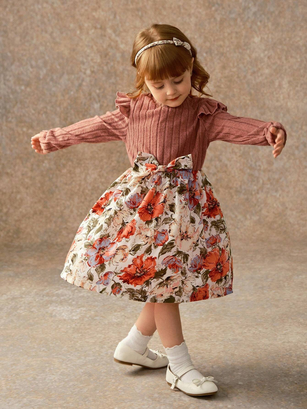 Girls Knitting Ribbed Crewneck Flounced Sleeve Bow-Tie & Floral Mid-Length A-Line Dress, Spring Autumn