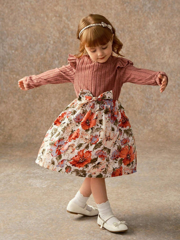 Girls Knitting Ribbed Crewneck Flounced Sleeve Bow-Tie & Floral Mid-Length A-Line Dress, Spring Autumn