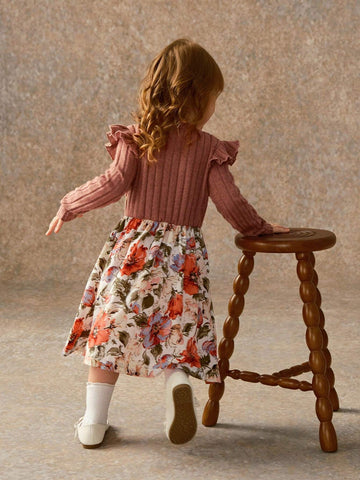 Girls Knitting Ribbed Crewneck Flounced Sleeve Bow-Tie & Floral Mid-Length A-Line Dress, Spring Autumn