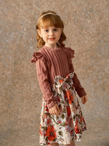 Girls Knitting Ribbed Crewneck Flounced Sleeve Bow-Tie & Floral Mid-Length A-Line Dress, Spring Autumn