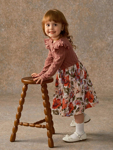 Girls Knitting Ribbed Crewneck Flounced Sleeve Bow-Tie & Floral Mid-Length A-Line Dress, Spring Autumn