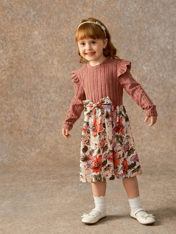 Girls Knitting Ribbed Crewneck Flounced Sleeve Bow-Tie & Floral Mid-Length A-Line Dress, Spring Autumn