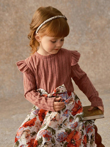 Girls Knitting Ribbed Crewneck Flounced Sleeve Bow-Tie & Floral Mid-Length A-Line Dress, Spring Autumn