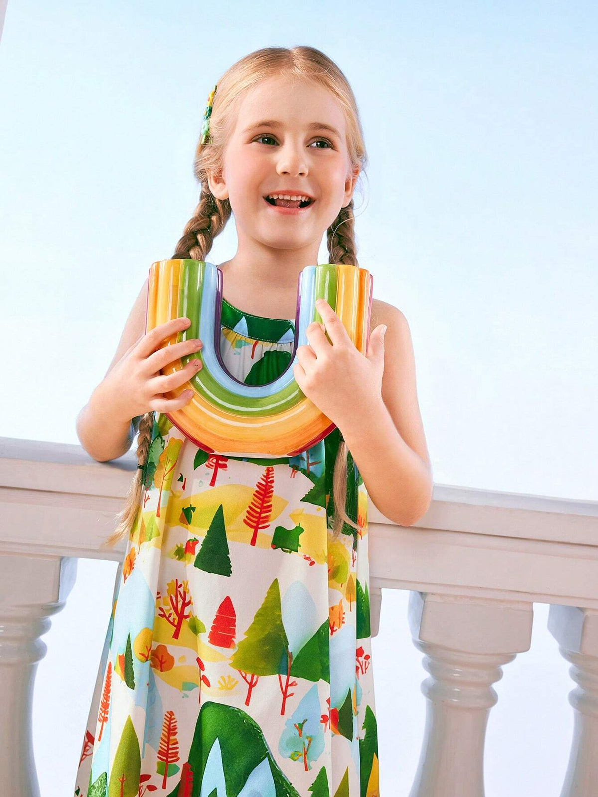 Girls (Little) Forest Pattern Green Halter Neck Vacation Dress