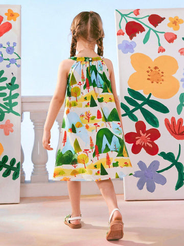 Girls (Little) Forest Pattern Green Halter Neck Vacation Dress
