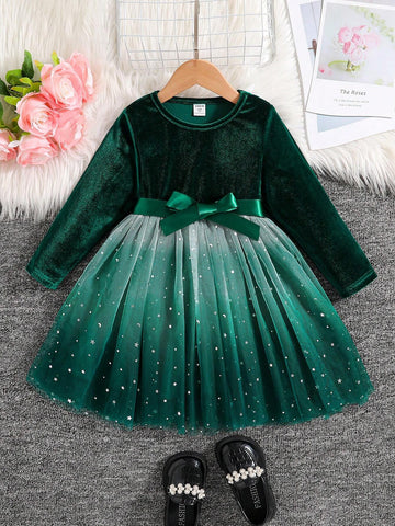 Girls (Little) Solid Color Splice Front Tie Long Sleeve Casual Dress