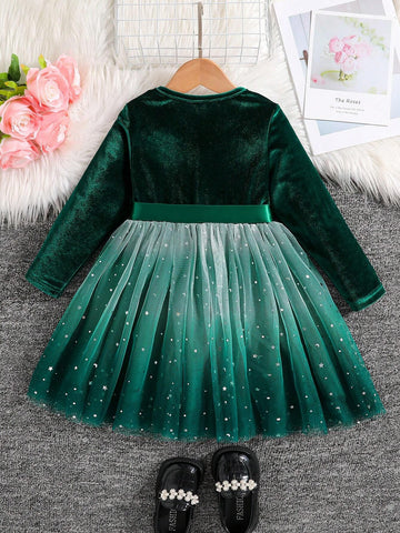 Girls (Little) Solid Color Splice Front Tie Long Sleeve Casual Dress