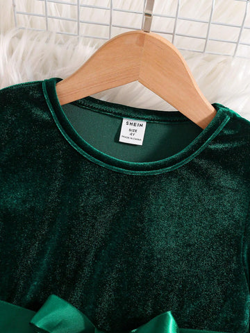 Girls (Little) Solid Color Splice Front Tie Long Sleeve Casual Dress