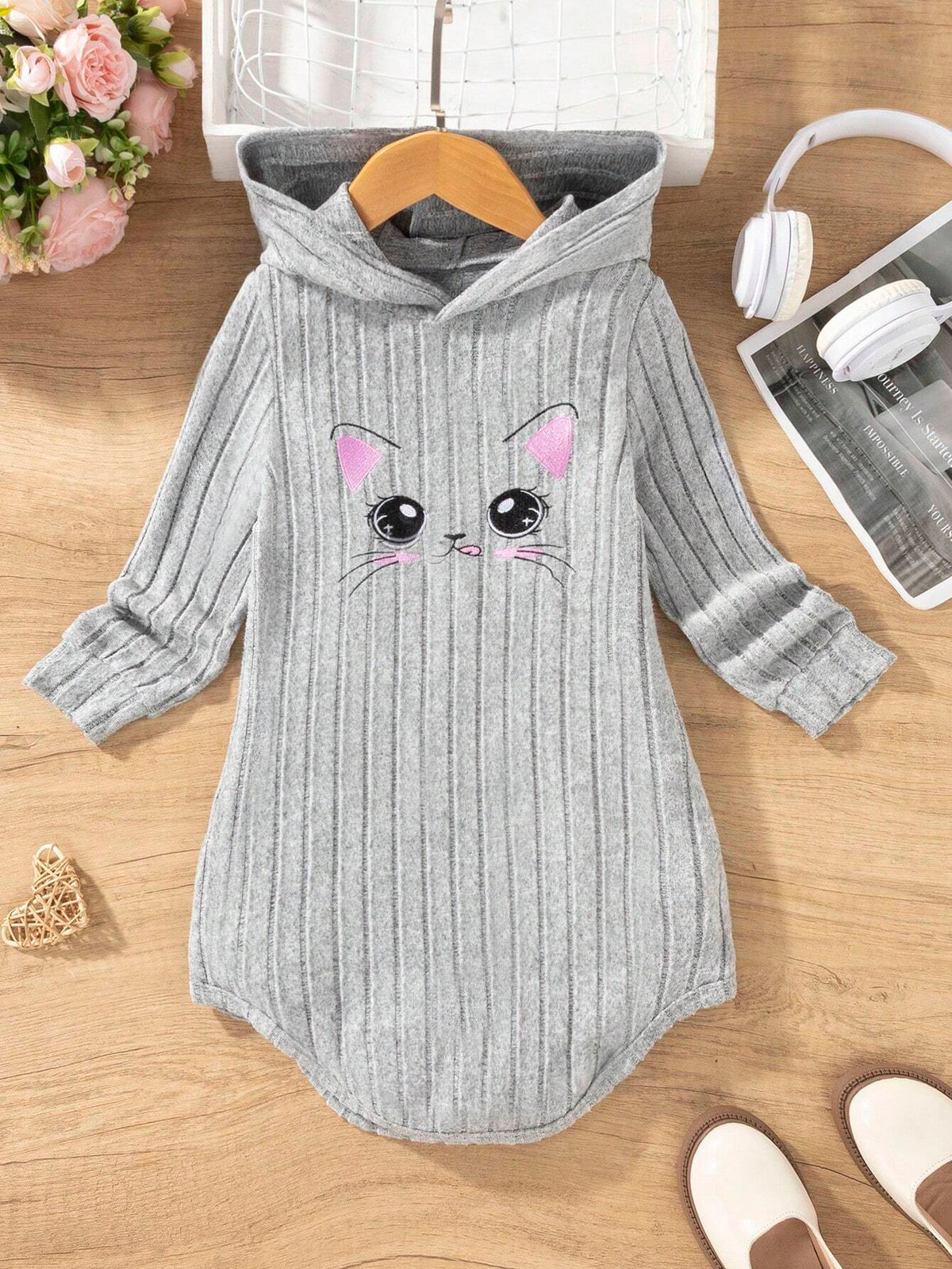 Girls (Little Young Girl) Long Sleeve Cat Print Simple Hooded Casual Dress
