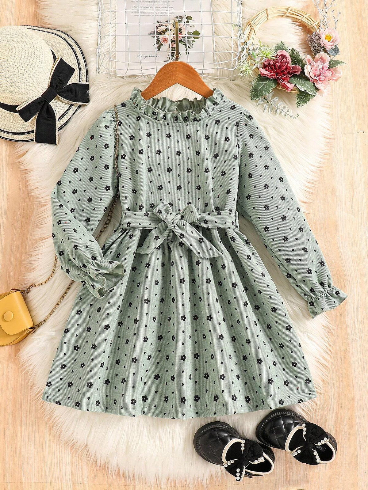 Girls Long Sleeve Printed Midi Dress With Belt, Fashionable For Outings And Festivals, Autumn