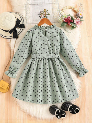 Girls Long Sleeve Printed Midi Dress With Belt, Fashionable For Outings And Festivals, Autumn