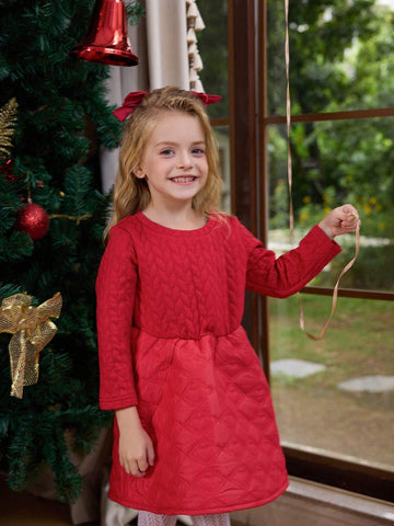 Girls Long Sleeve Quilted Heart & Diamond Pattern Winter Dress, Suitable For Christmas, New Year, Birthday Party & Daily Wear