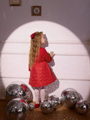 Girls Long Sleeve Quilted Heart & Diamond Pattern Winter Dress, Suitable For Christmas, New Year, Birthday Party & Daily Wear