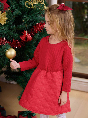 Girls Long Sleeve Quilted Heart & Diamond Pattern Winter Dress, Suitable For Christmas, New Year, Birthday Party & Daily Wear