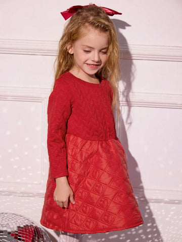 Girls Long Sleeve Quilted Heart & Diamond Pattern Winter Dress, Suitable For Christmas, New Year, Birthday Party & Daily Wear