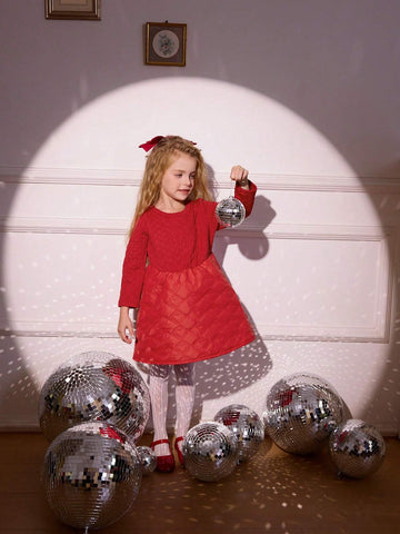 Girls Long Sleeve Quilted Heart & Diamond Pattern Winter Dress, Suitable For Christmas, New Year, Birthday Party & Daily Wear