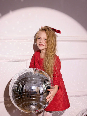 Girls Long Sleeve Quilted Heart & Diamond Pattern Winter Dress, Suitable For Christmas, New Year, Birthday Party & Daily Wear