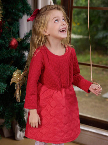 Girls Long Sleeve Quilted Heart & Diamond Pattern Winter Dress, Suitable For Christmas, New Year, Birthday Party & Daily Wear