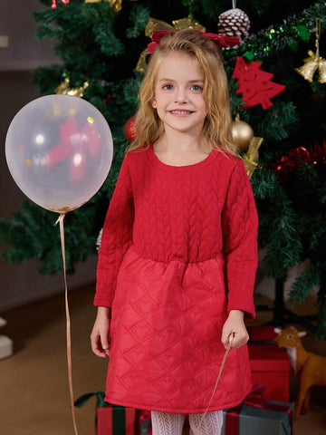 Girls Long Sleeve Quilted Heart & Diamond Pattern Winter Dress, Suitable For Christmas, New Year, Birthday Party & Daily Wear