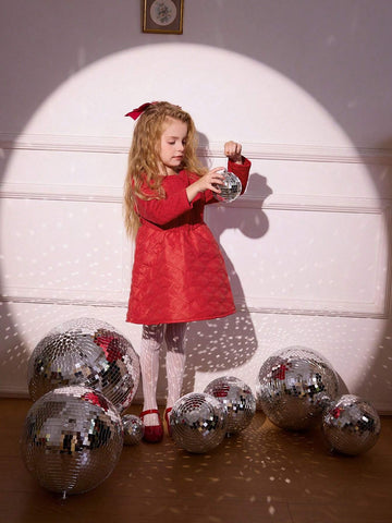 Girls Long Sleeve Quilted Heart & Diamond Pattern Winter Dress, Suitable For Christmas, New Year, Birthday Party & Daily Wear