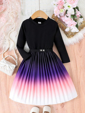 Girls Ombre Purple-Pink-White Long Sleeve Ribbed Splice Waist Belt Dress, Elegant Style For Girls, Spring & Autumn