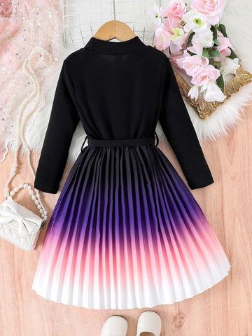 Girls Ombre Purple-Pink-White Long Sleeve Ribbed Splice Waist Belt Dress, Elegant Style For Girls, Spring & Autumn