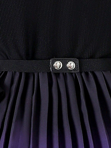 Girls Ombre Purple-Pink-White Long Sleeve Ribbed Splice Waist Belt Dress, Elegant Style For Girls, Spring & Autumn