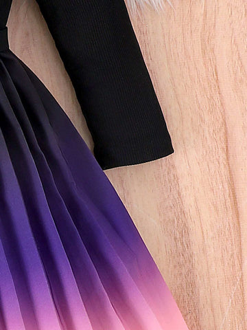 Girls Ombre Purple-Pink-White Long Sleeve Ribbed Splice Waist Belt Dress, Elegant Style For Girls, Spring & Autumn
