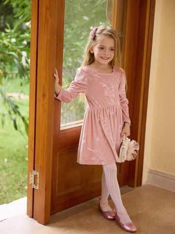 Girls Pink Embossed Bowknot Backless Dress
