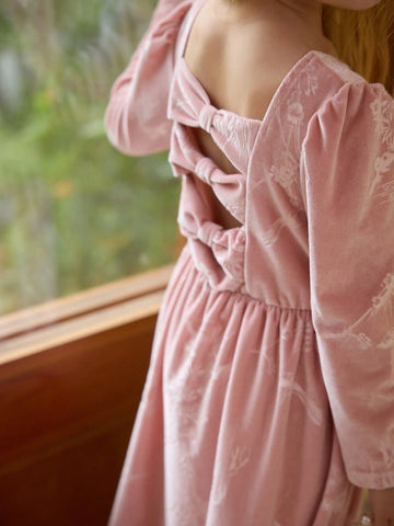 Girls Pink Embossed Bowknot Backless Dress