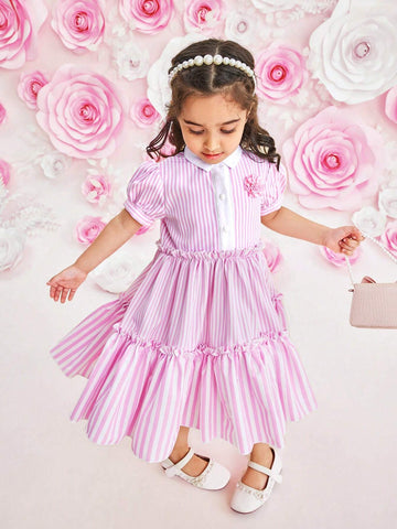 Girls' Pink Striped Casual Dress, Featuring Sweet-Fresh- Style; White Shirt Collar, Bubble Sleeves, 3D Flower Contrast Color Patches. Perfect For Spring/Summer, Comfortable And Breathable; Suitable For Vacation, Parties, Outings, And Photography.
