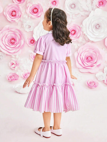 Girls' Pink Striped Casual Dress, Featuring Sweet-Fresh- Style; White Shirt Collar, Bubble Sleeves, 3D Flower Contrast Color Patches. Perfect For Spring/Summer, Comfortable And Breathable; Suitable For Vacation, Parties, Outings, And Photography.