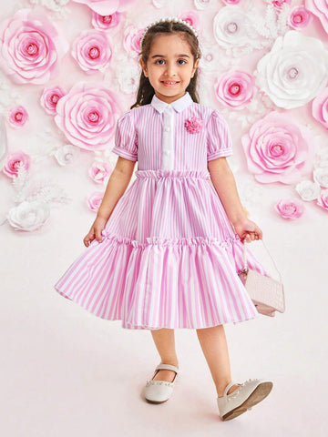 Girls' Pink Striped Casual Dress, Featuring Sweet-Fresh- Style; White Shirt Collar, Bubble Sleeves, 3D Flower Contrast Color Patches. Perfect For Spring/Summer, Comfortable And Breathable; Suitable For Vacation, Parties, Outings, And Photography.