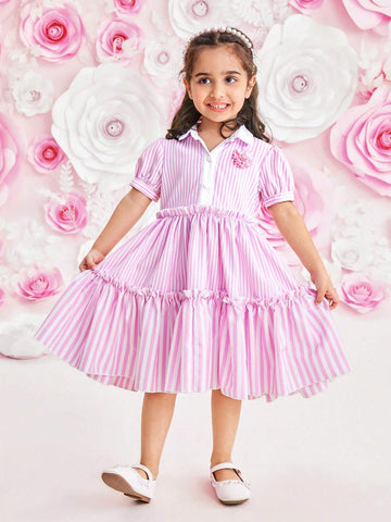 Girls' Pink Striped Casual Dress, Featuring Sweet-Fresh- Style; White Shirt Collar, Bubble Sleeves, 3D Flower Contrast Color Patches. Perfect For Spring/Summer, Comfortable And Breathable; Suitable For Vacation, Parties, Outings, And Photography.
