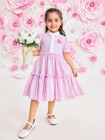 Girls' Pink Striped Casual Dress, Featuring Sweet-Fresh- Style; White Shirt Collar, Bubble Sleeves, 3D Flower Contrast Color Patches. Perfect For Spring/Summer, Comfortable And Breathable; Suitable For Vacation, Parties, Outings, And Photography.
