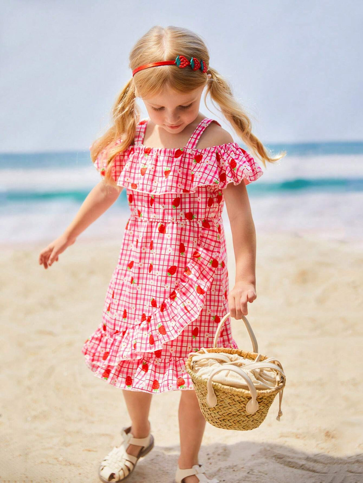 Girls' Plaid Strawberry & Flower Allover Print Irregular Dress, Sweet One-Shoulder Strap Dress For Little Girls