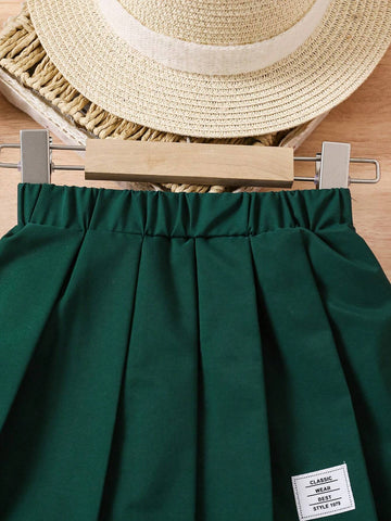 Girls' Pleated Mini Skirt, Casual All-Match American College Style Letter Print, Navy Blue, Suitable For Summer, Autumn