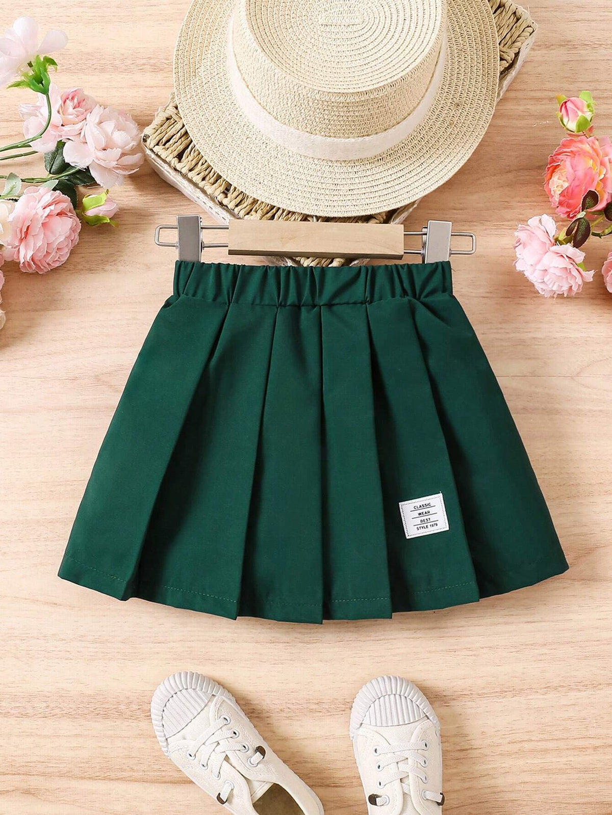 Girls' Pleated Mini Skirt, Casual All-Match American College Style Letter Print, Navy Blue, Suitable For Summer, Autumn