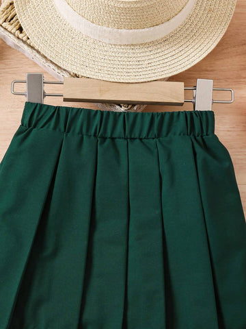 Girls' Pleated Mini Skirt, Casual All-Match American College Style Letter Print, Navy Blue, Suitable For Summer, Autumn